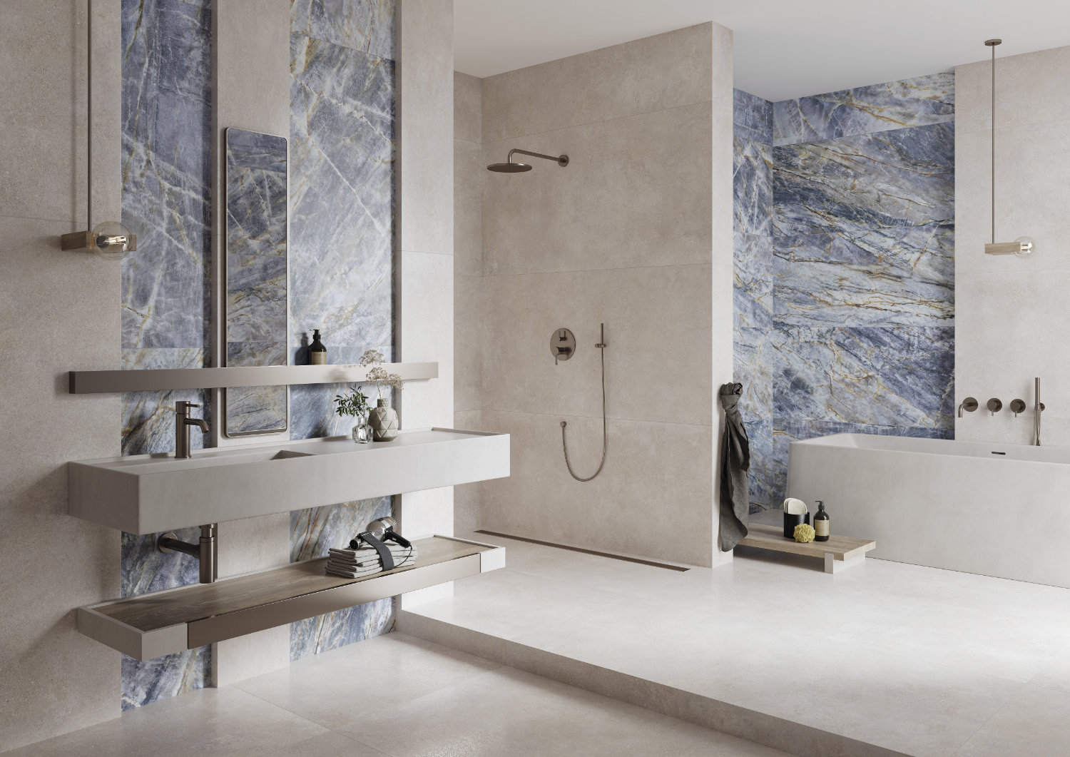 modern concrete ivory brazilian quartzite blue
