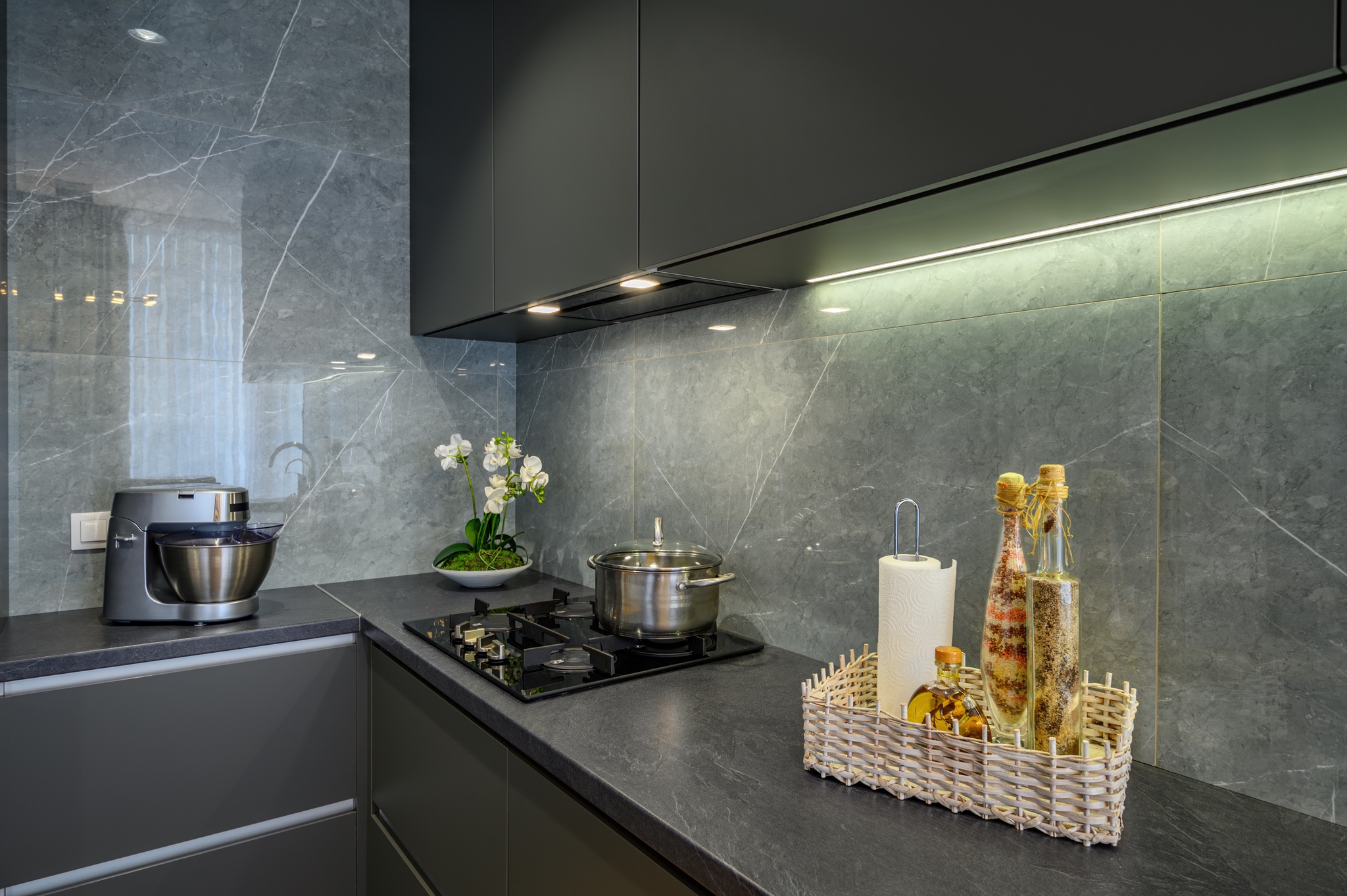 modern large luxury dark gray kitchen closeup