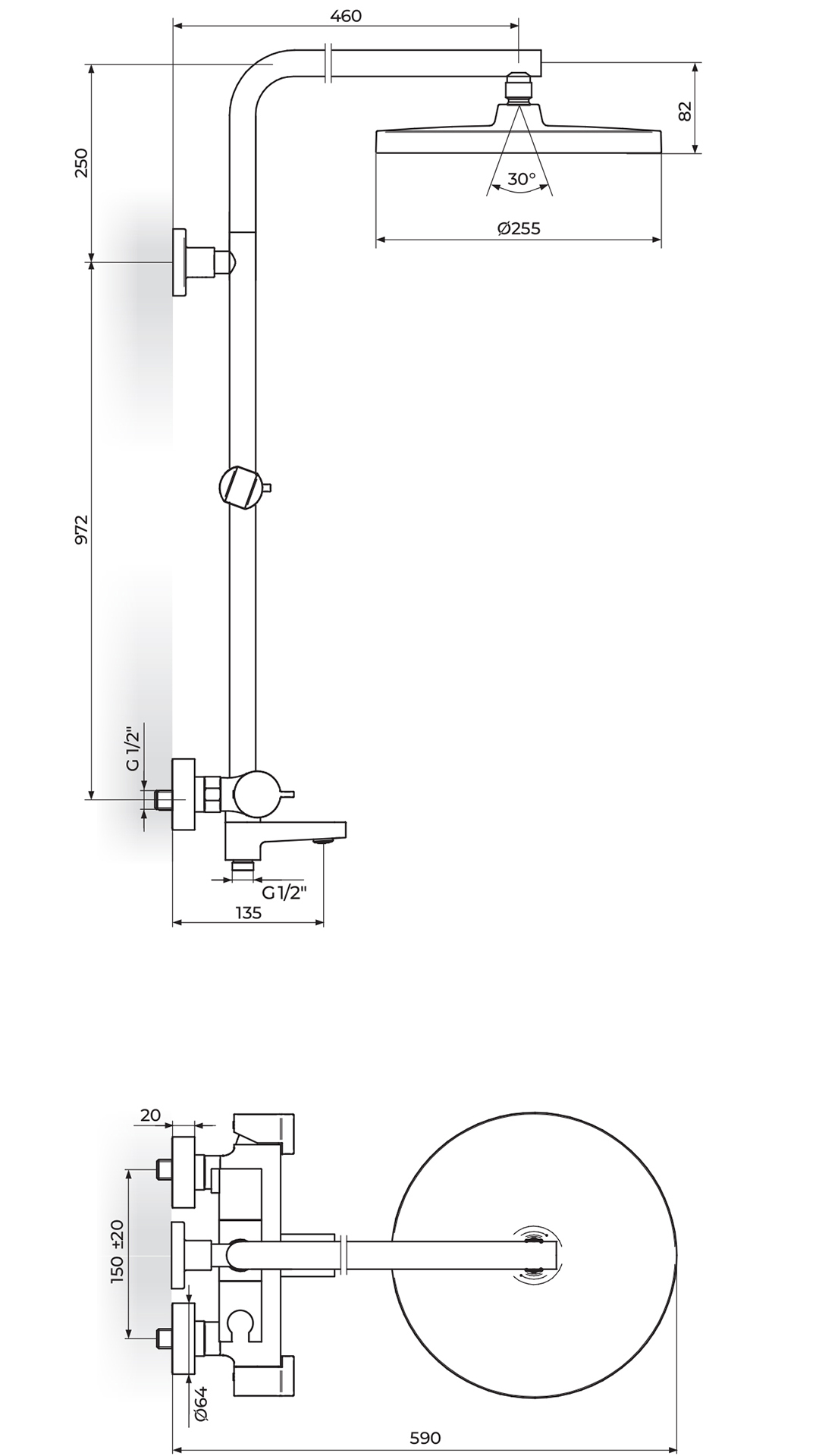 s2 baterija za tuš kadu sa usponskim tušem 200x300mm i izlivom (kopiraj)