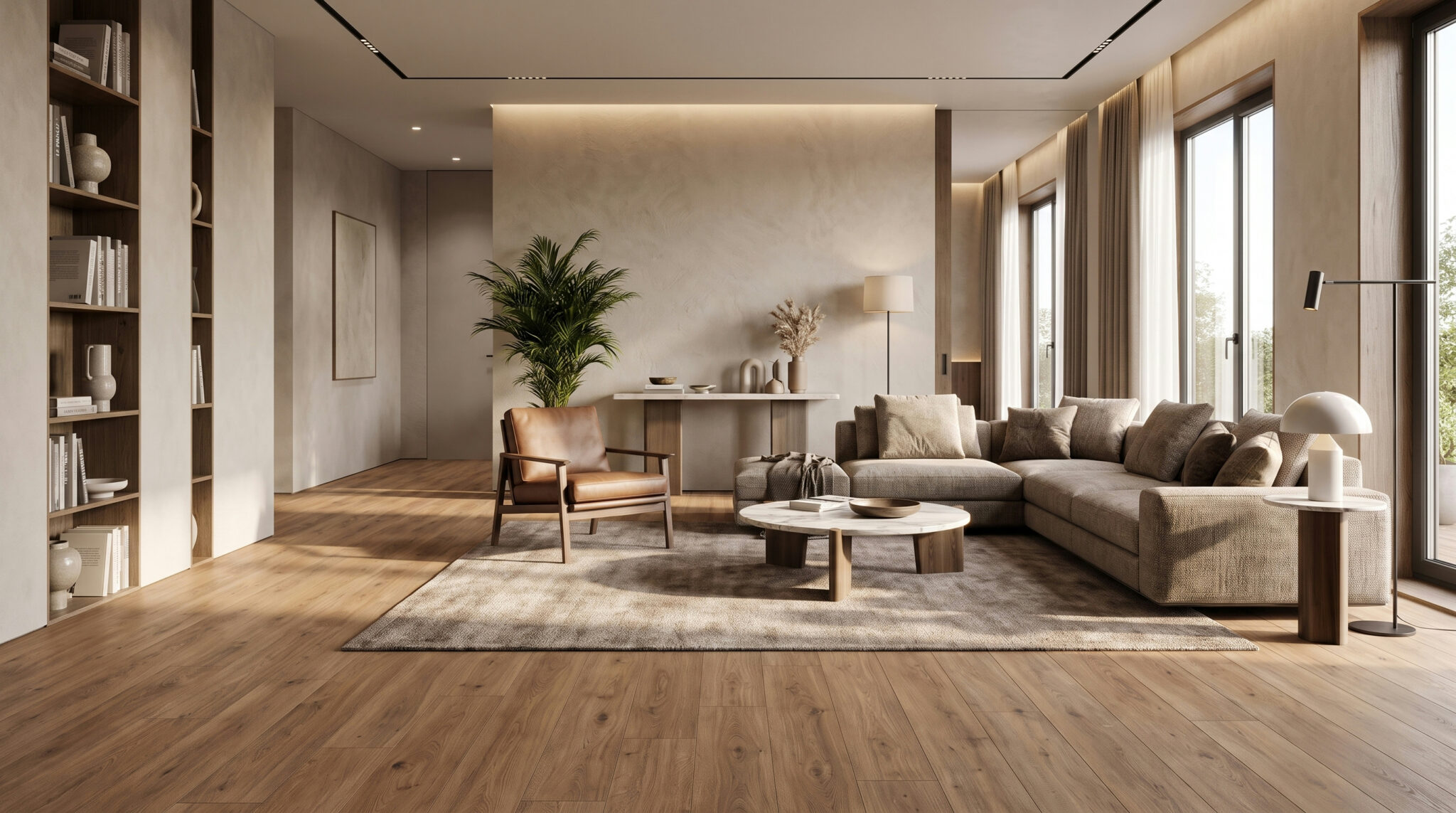 sk056__advanced-trend-oak-brown-d3128-1380x193x8mm-ac4-32-v4__wpc-flooring__20260903T071932 Moderan dnevni boravak sa ugaonom sofom i drvenim podom