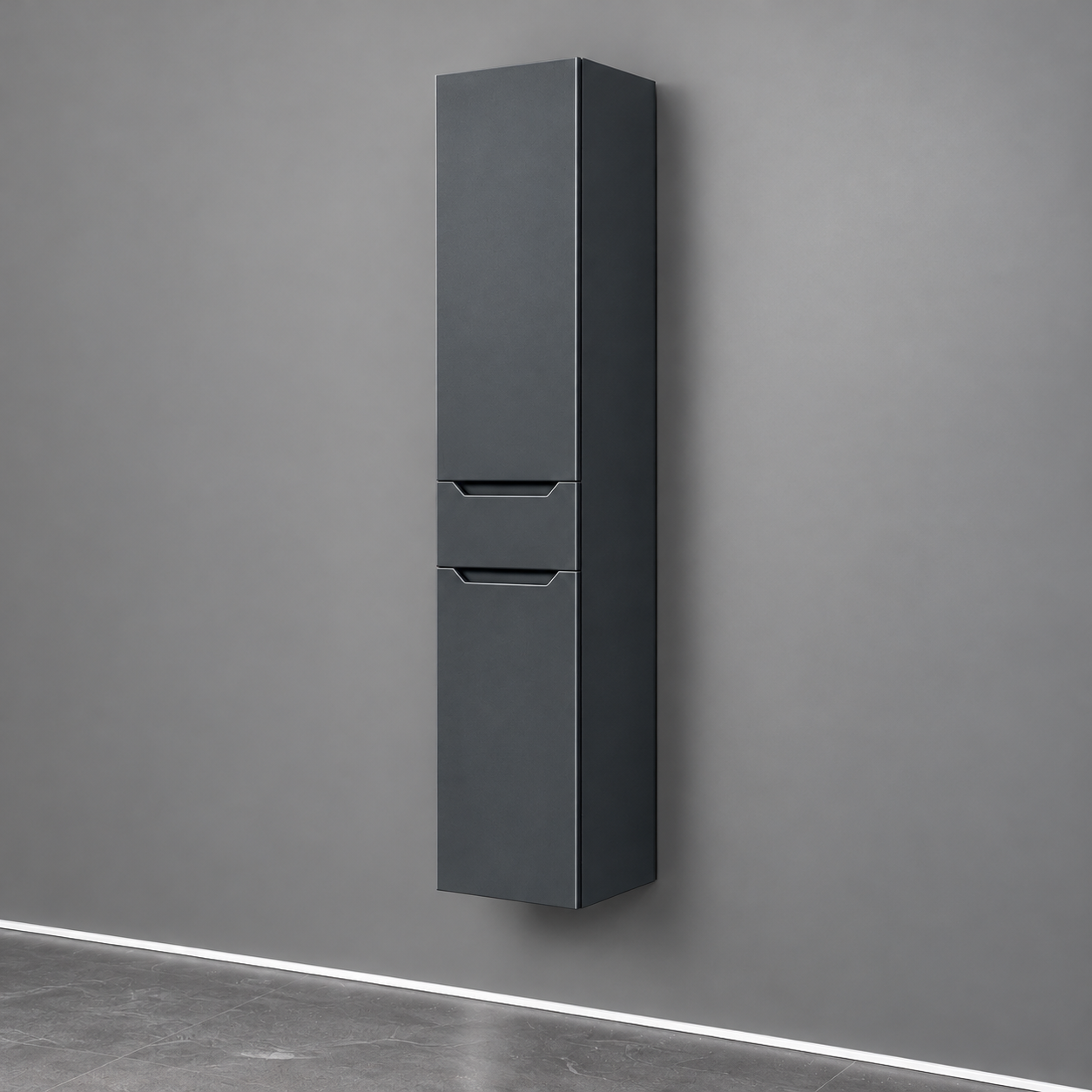 Minimalist Floating Graphite Storage Cabinet sharp vertikala mat antracit leva