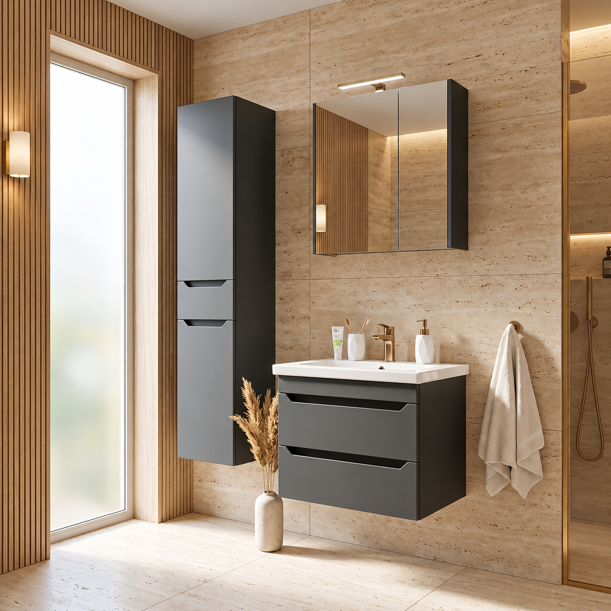 Warm Minimalist Travertine Bathroom sharp 65 mat antracit gornji deo